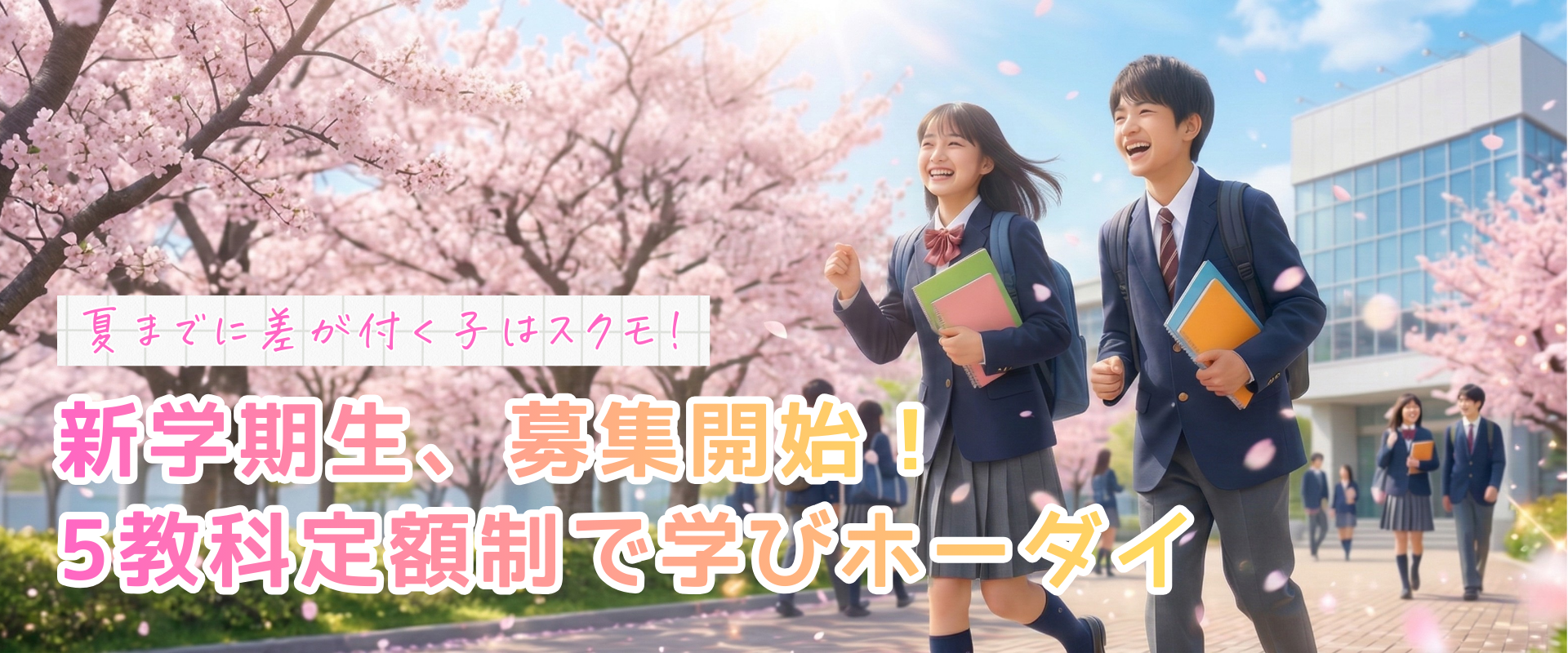 夏までに差がつく子はスクモ！新学期生、募集開始！5教科定額制で学びホーダイ